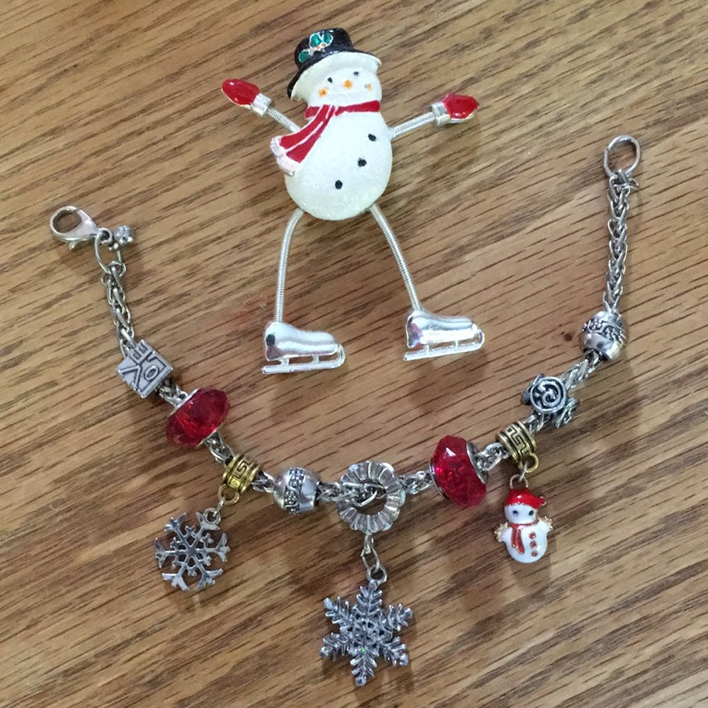 Holiday snowman pin and holiday charm bracelet